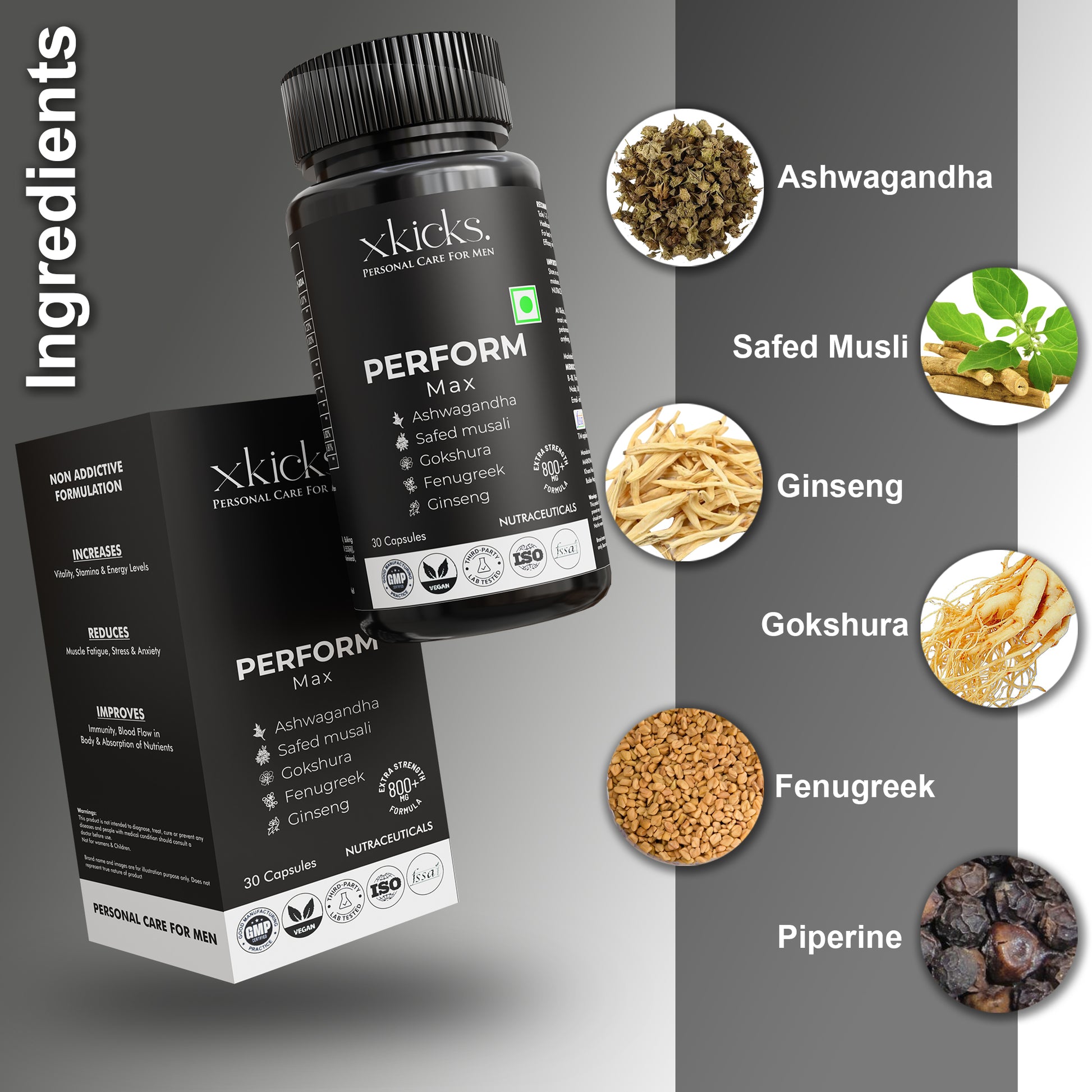 Xkicks perform max capsules natural ingredients ashwagandha, safed musli, ginseng, gokshura, fenugreek